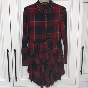 Plaid hi low studded button down top